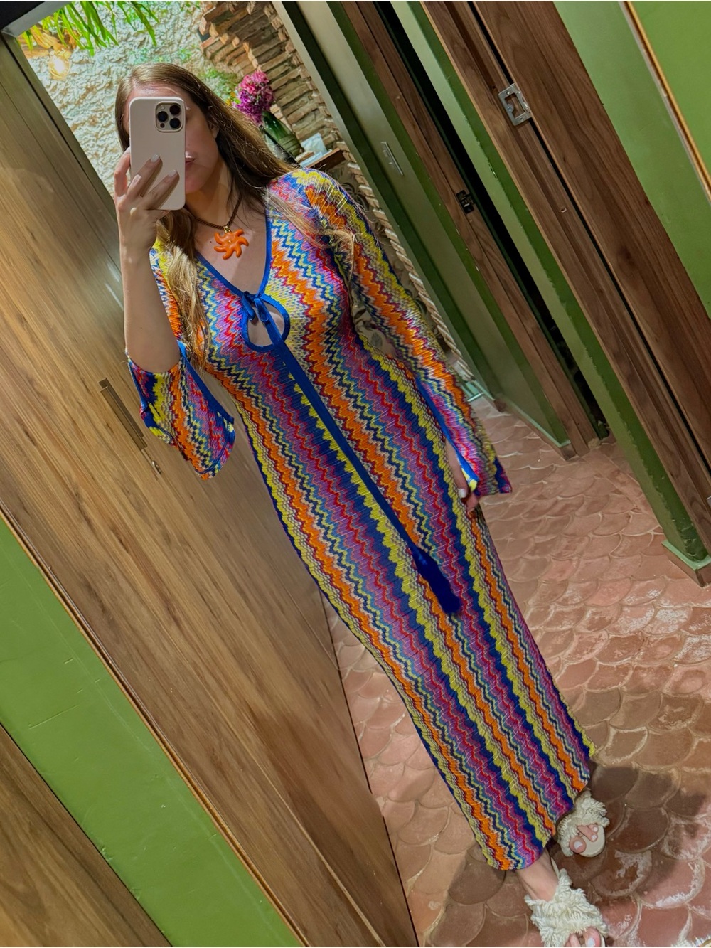Alexis bell-sleeved chevron knitted dress in a colorful rainbow print